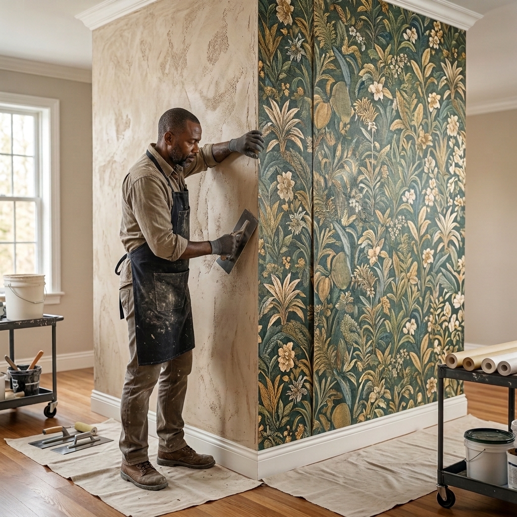 Wall rendering and surface finishing during an interior project